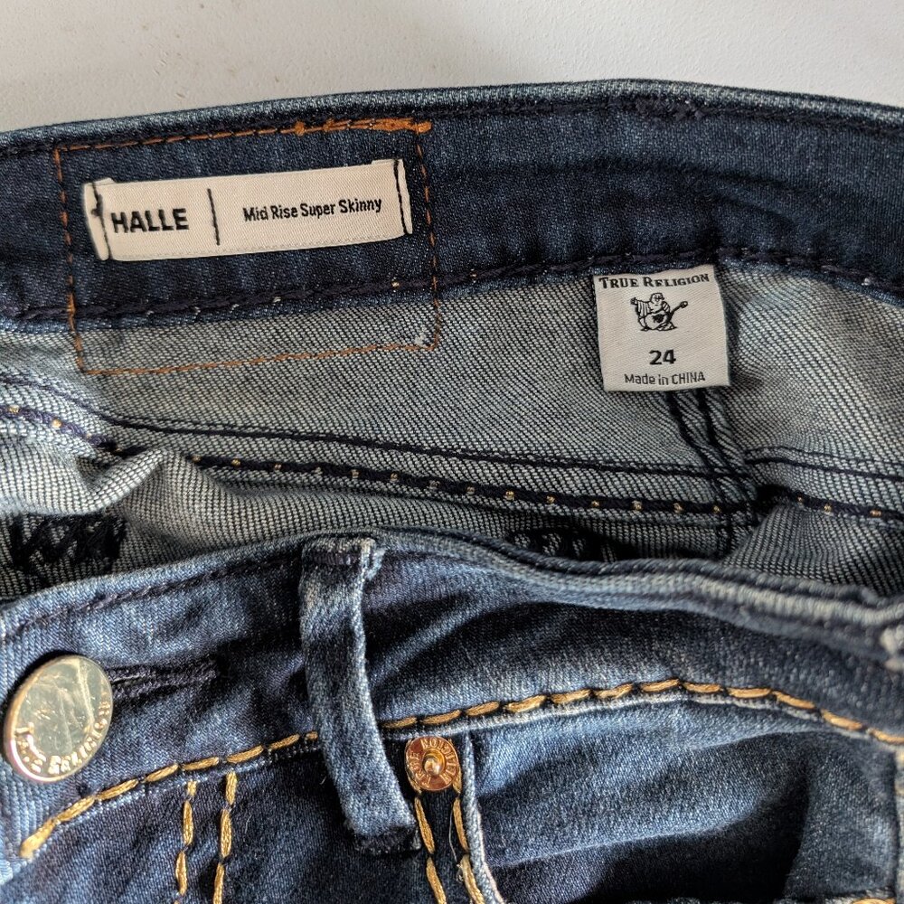 True Religion Halle Mid Rise Super Skinny Jeans Dark Blue Wash Size 24 Y2K Denim - Picture 10 of 12
